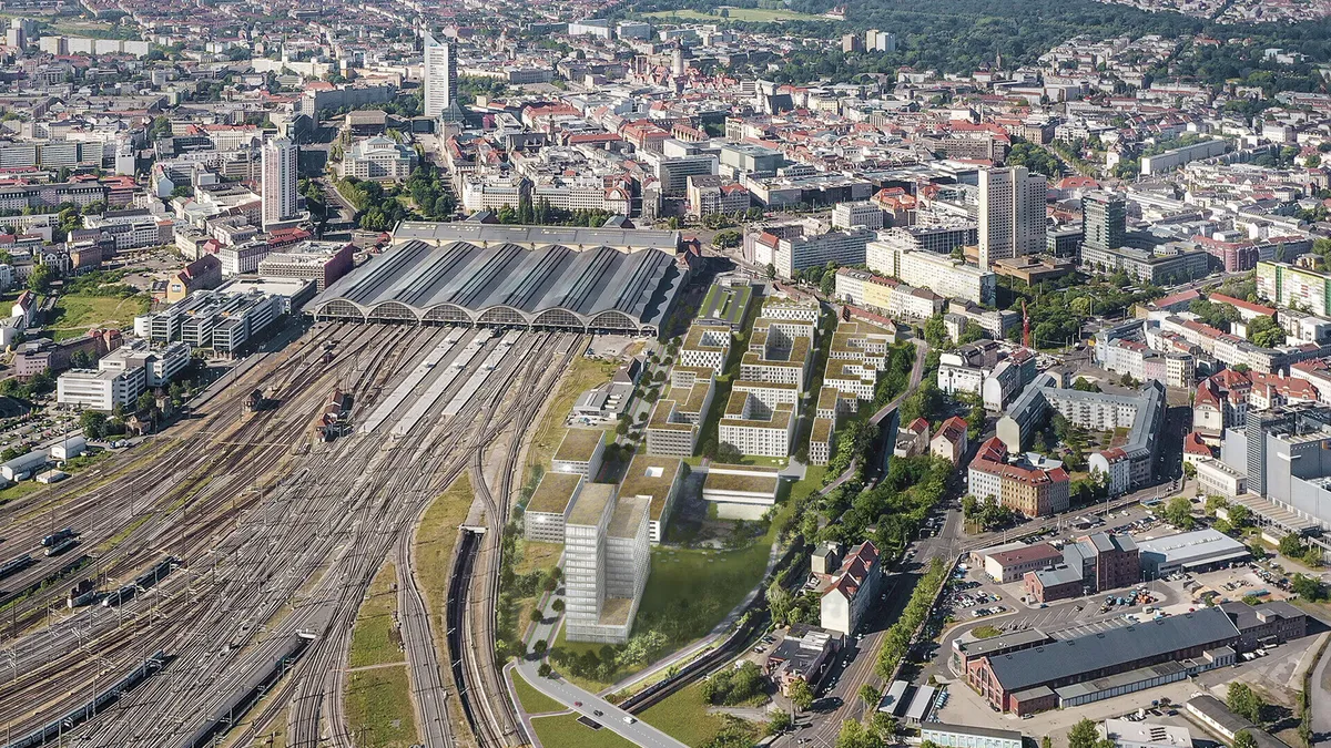 Luftbild des Loewitz-Quartiers in Leipzig mit Gleisanlagen